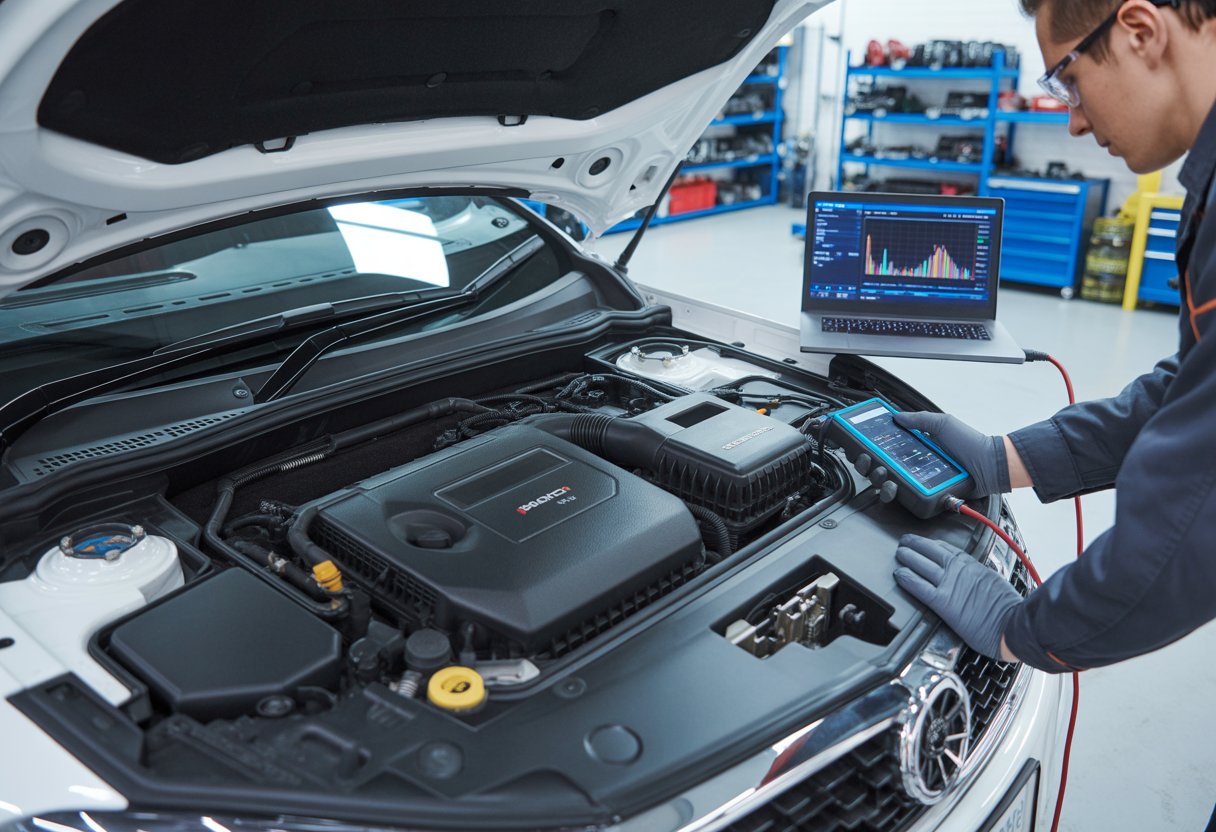 A technician using diagnostic equipment on a car engine inside a bright workshop.