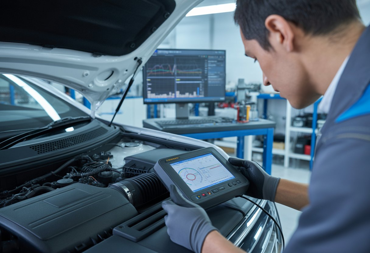 A technician using a diagnostic tool on a car engine with a computer showing ECU remapping software in a workshop.
